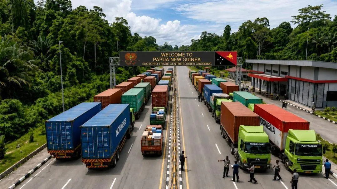 Aerial view of Vanimo port facilities and the border trade corridor